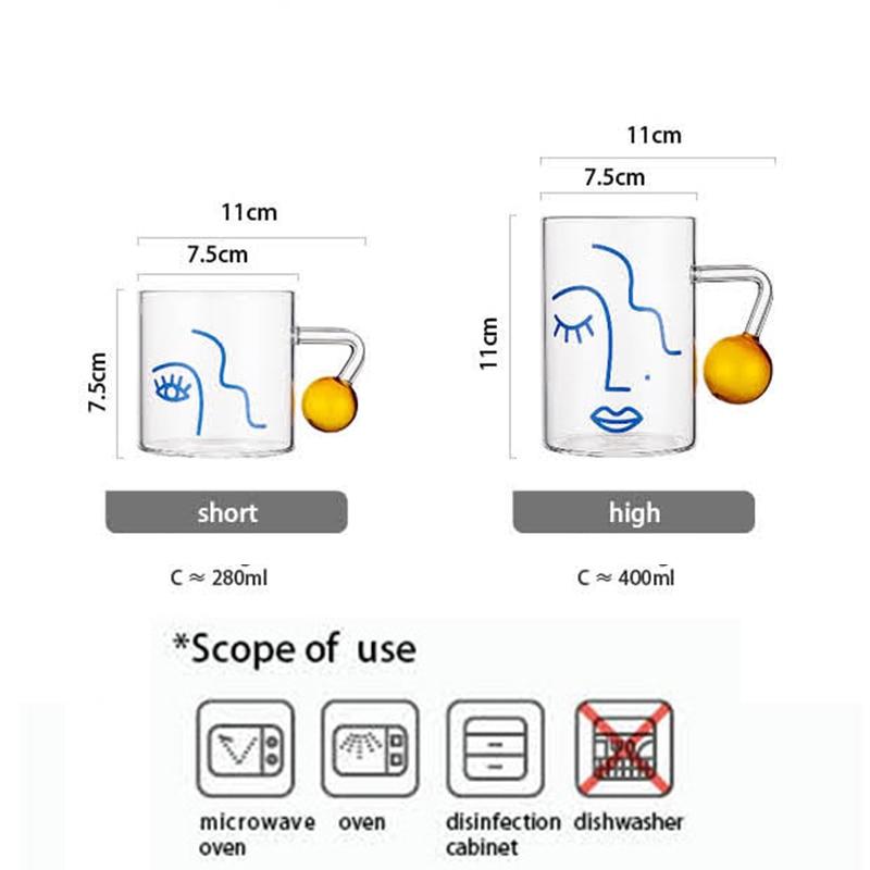 Shows the sizes of the tall abstract mug 11cm x 7.5cm and the short abstract mug with a size of 7.5cm x 7.5cm.