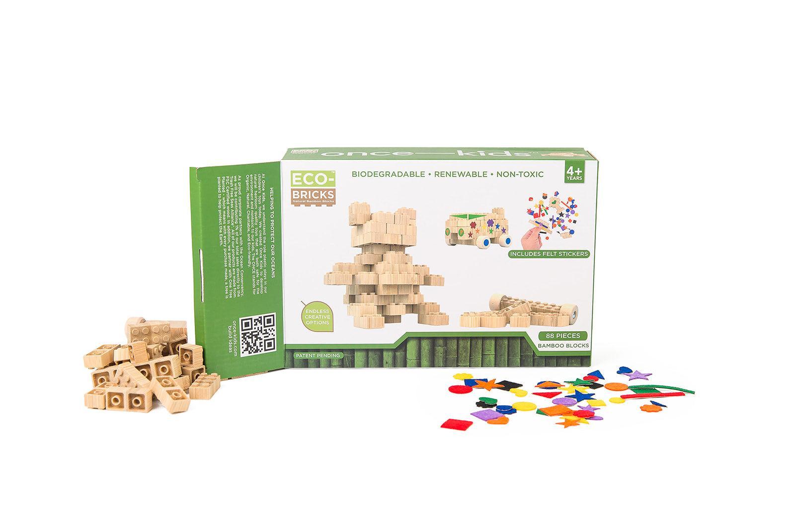 Building Blocks made from Bamboo. This is an 88 piece set and felt stickers.