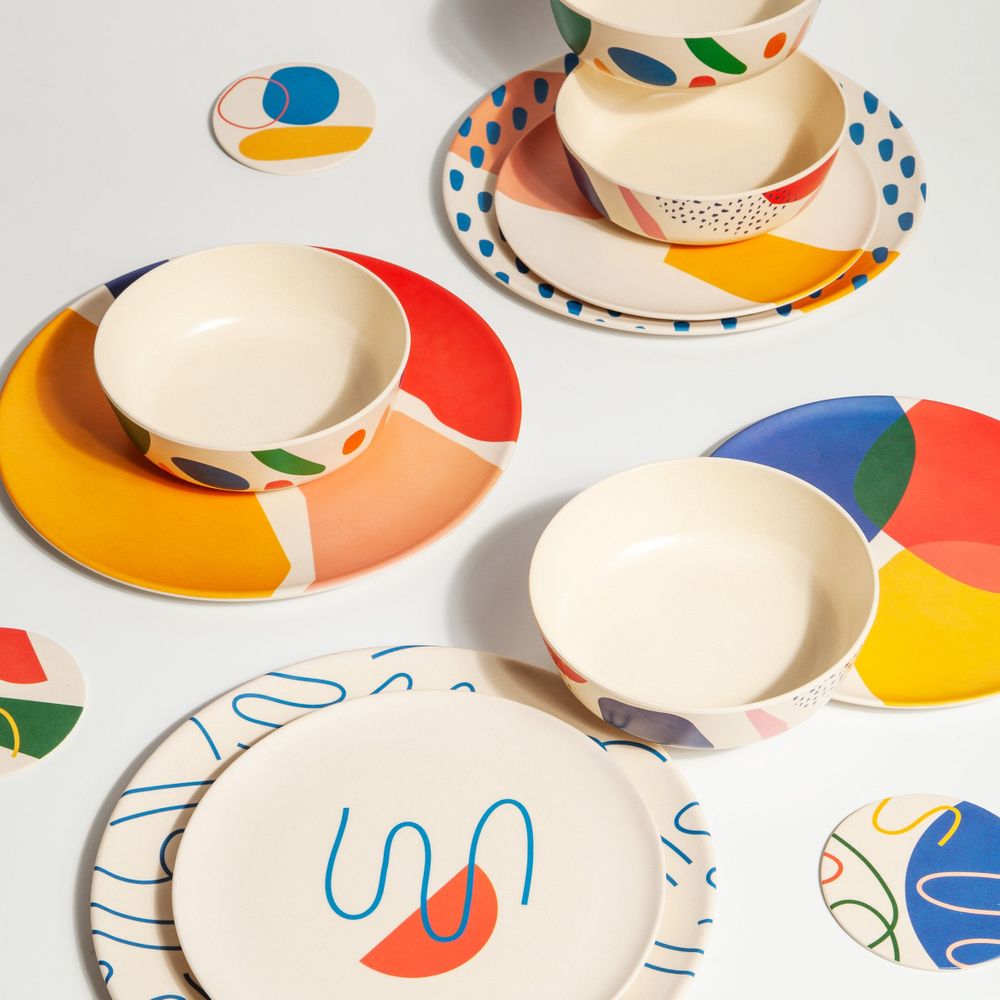 4pc Bamboo Plate Set - Dinner very colorful abstract and vibrant. Lovely gift for a housewarming party, especially if the host is artistic.