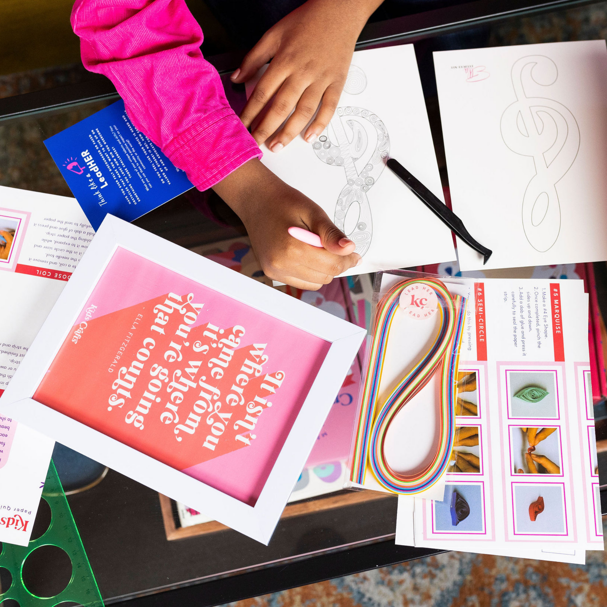 A visual flat lay of all the items included in the "Believe Like Ella" Kids Crafts box.