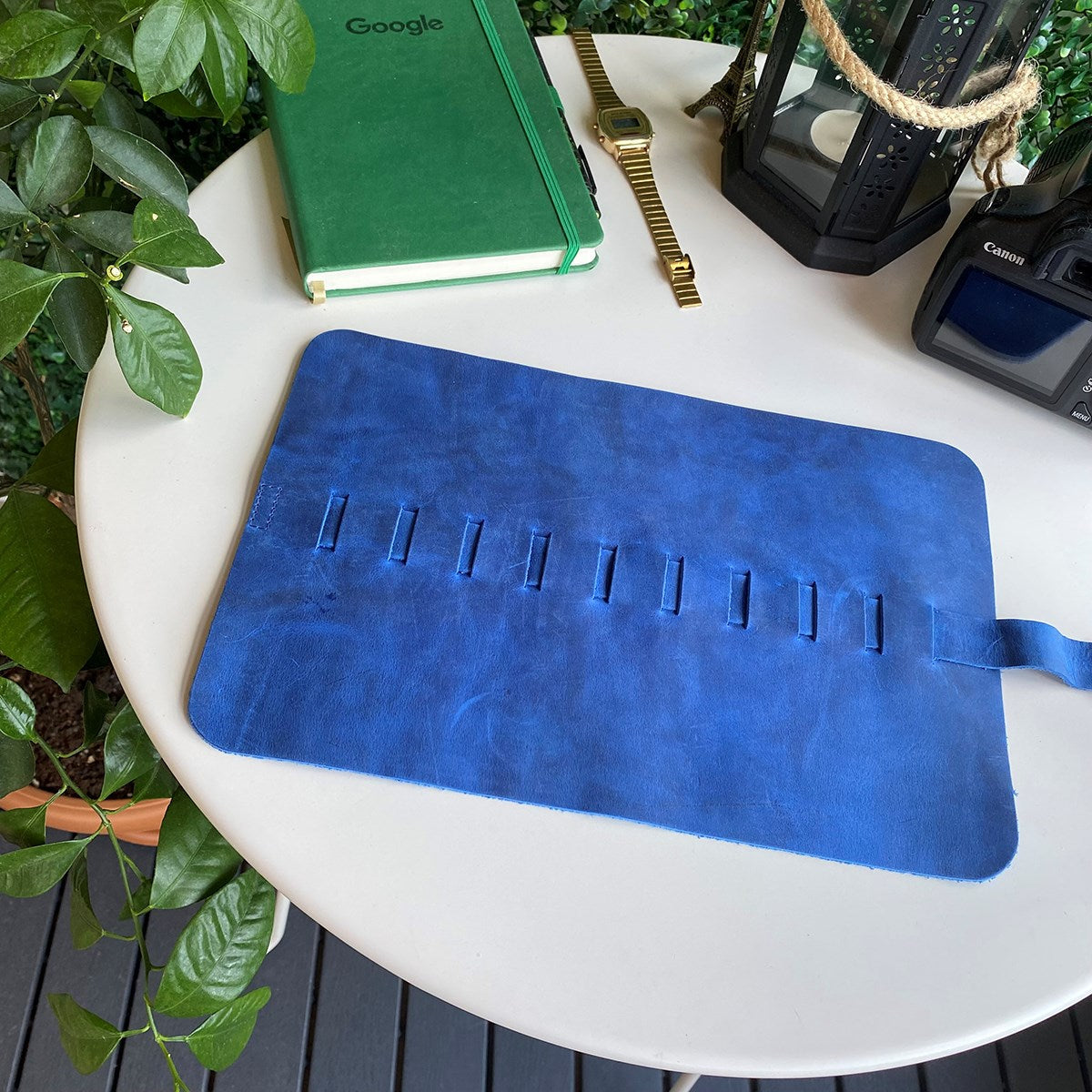 The backside of the Genuine Leather Pencil and Pens Case in blue. Available on Kangyco.com