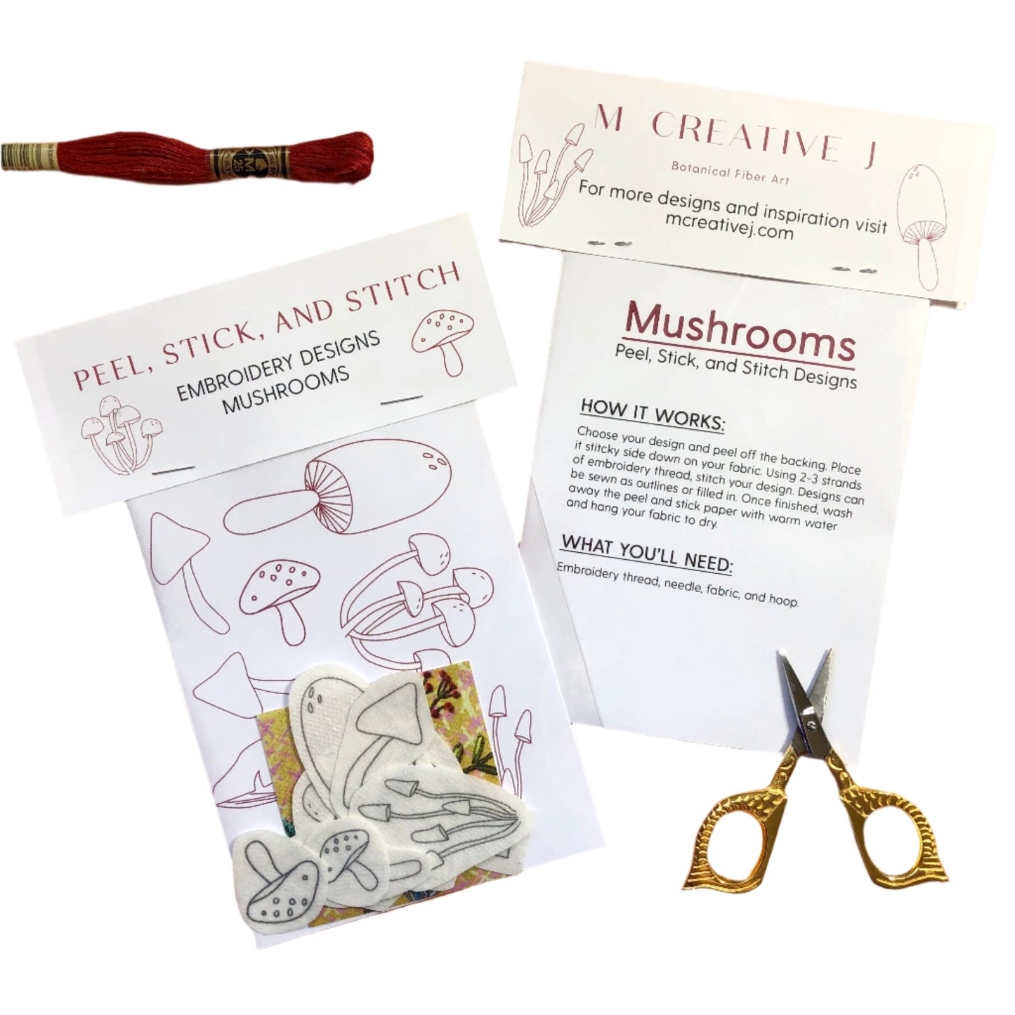 The front of the Peel, Stick, and Stitch Embroidery Designs Mushrooms packaging and the backside of the package showing the "how it works" and "what you'll need".