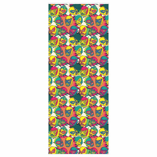 A flat lay of the larger roll of Bright Luchador gift wrapping paper the measurement is 24" x 60".