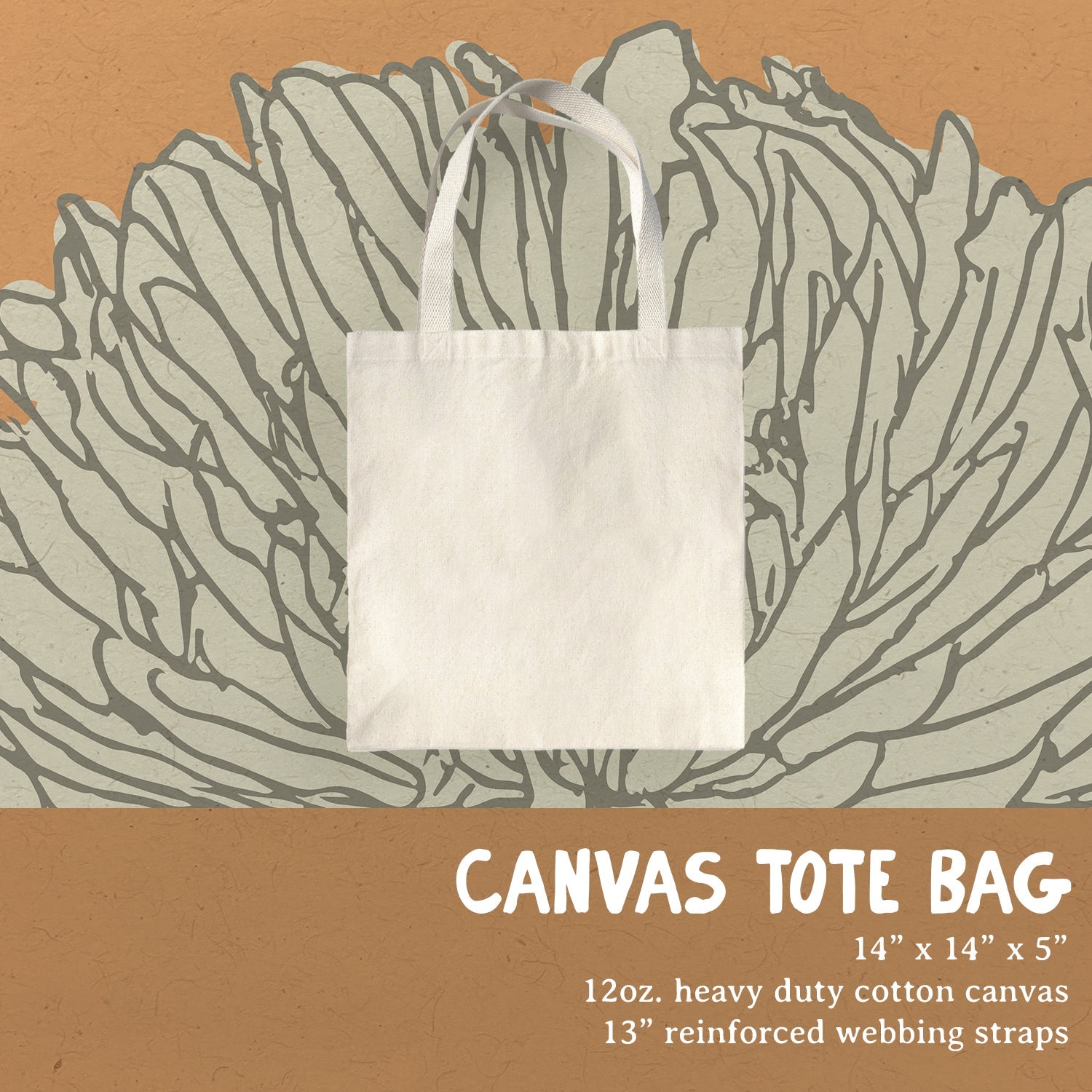 Sizing of the "Une Baguette" Canvas Tote Bag: 14" x 14" x 5" 12oz. heavy duty cotton canvas and 13" reinforced webbing straps.