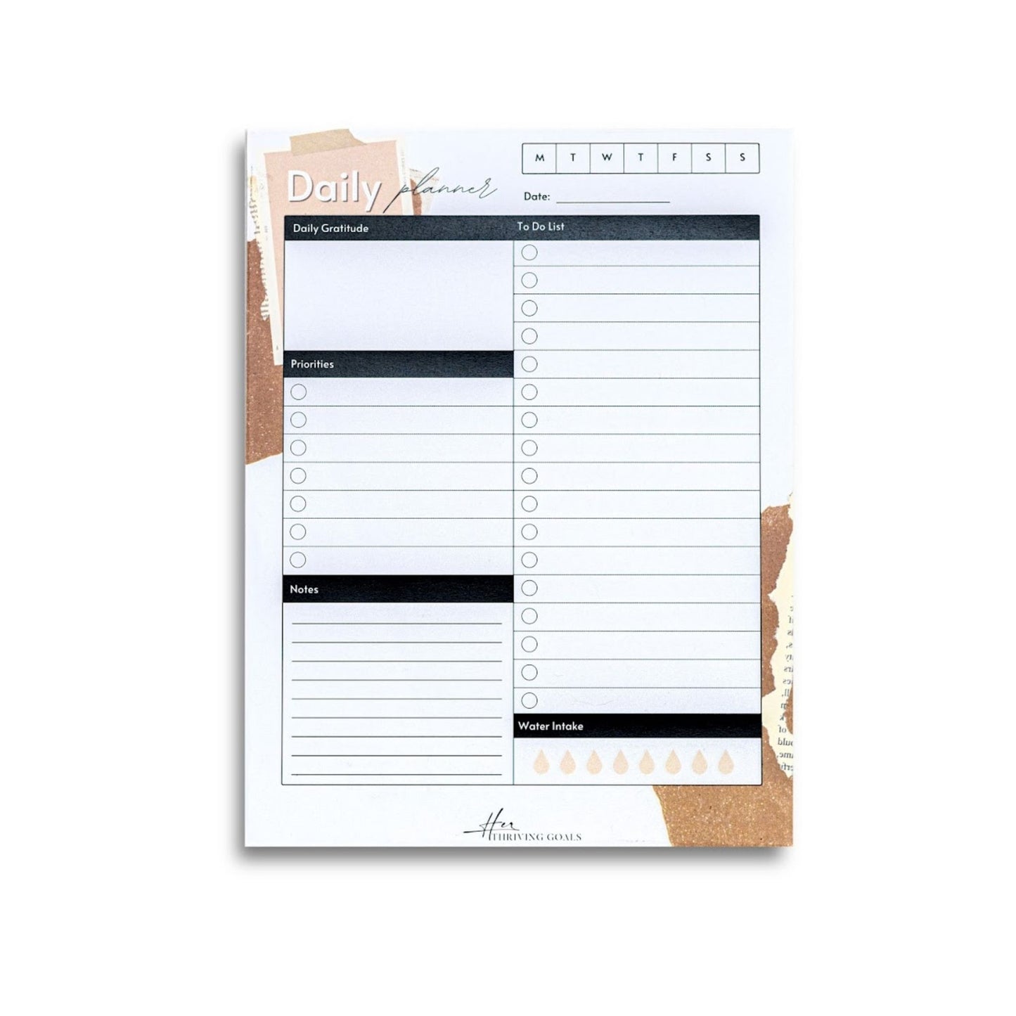 Daily Planner Tear-Off Sheets with neutral abstract designs in the background. You have a space for Daily Gratitude, Priorities, Notes, To Do List, and Water Intake.