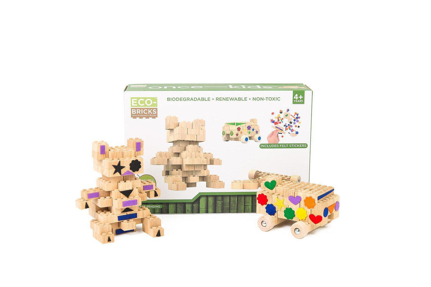 Eco-Bricks Biodegradable, Renewable, and Non-toxic. These bamboo toys are perfect for children ages 4+. The set also includes felt stickers.