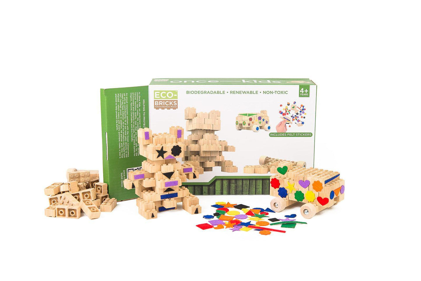 Image shows 88 piece set of the Eco Bricks shows a bear with felt stickers and also a truck also with felt stickers around.