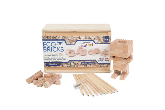 The Eco Bricks includes 10 Colored Pencils with over 50 Build Ideas. This is 145 piece of wooden blocks kids ages 4+ can decorate with pain, crayons, markers, stain, or colored pencils.