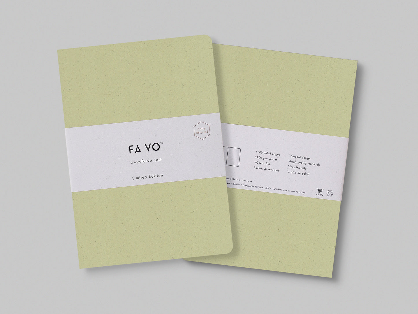 The FA VO notebook in the color Kiwi. The image shows the front and back of the notebook.