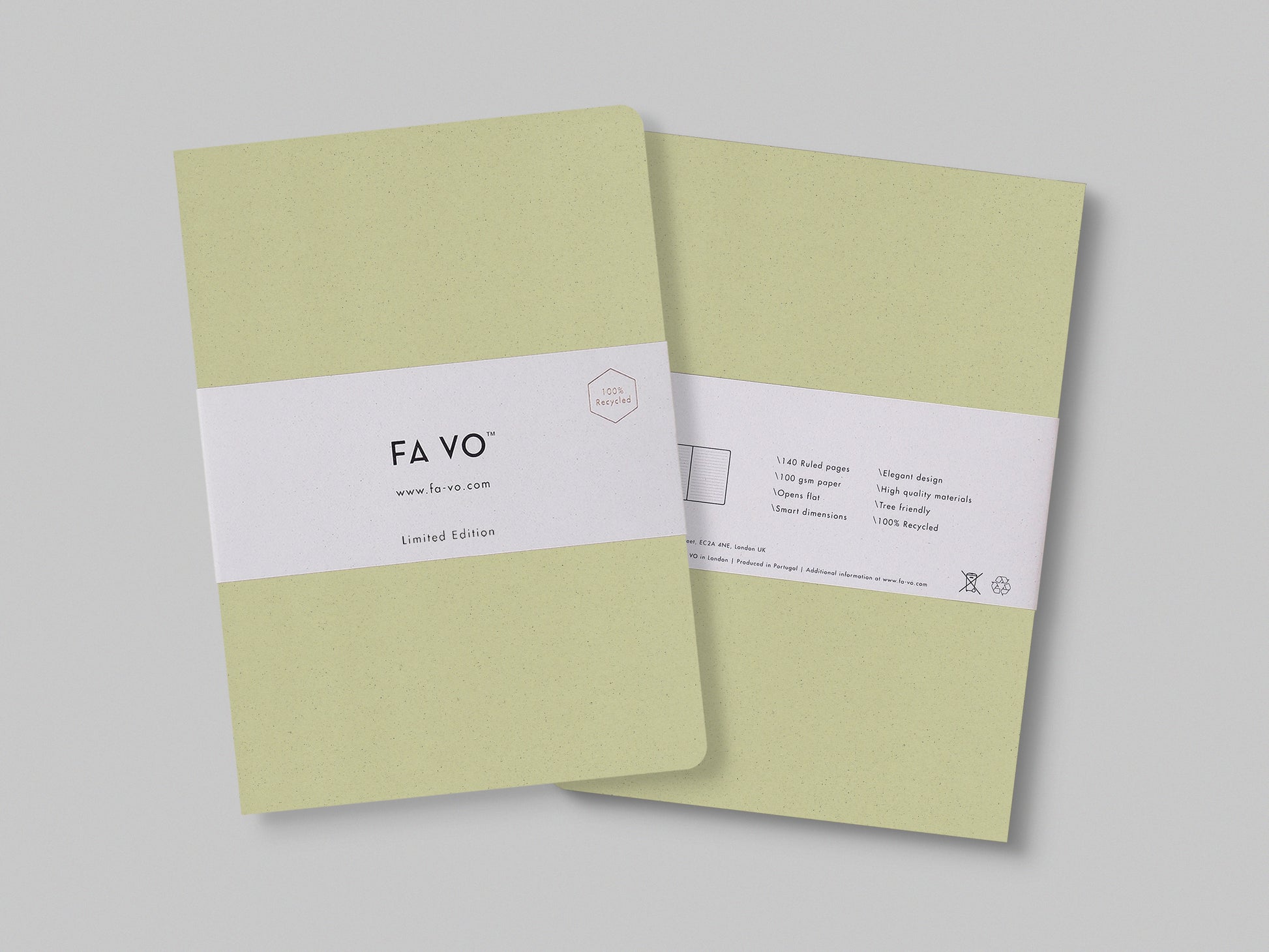 The FA VO notebook in the color Kiwi. The image shows the front and back of the notebook.