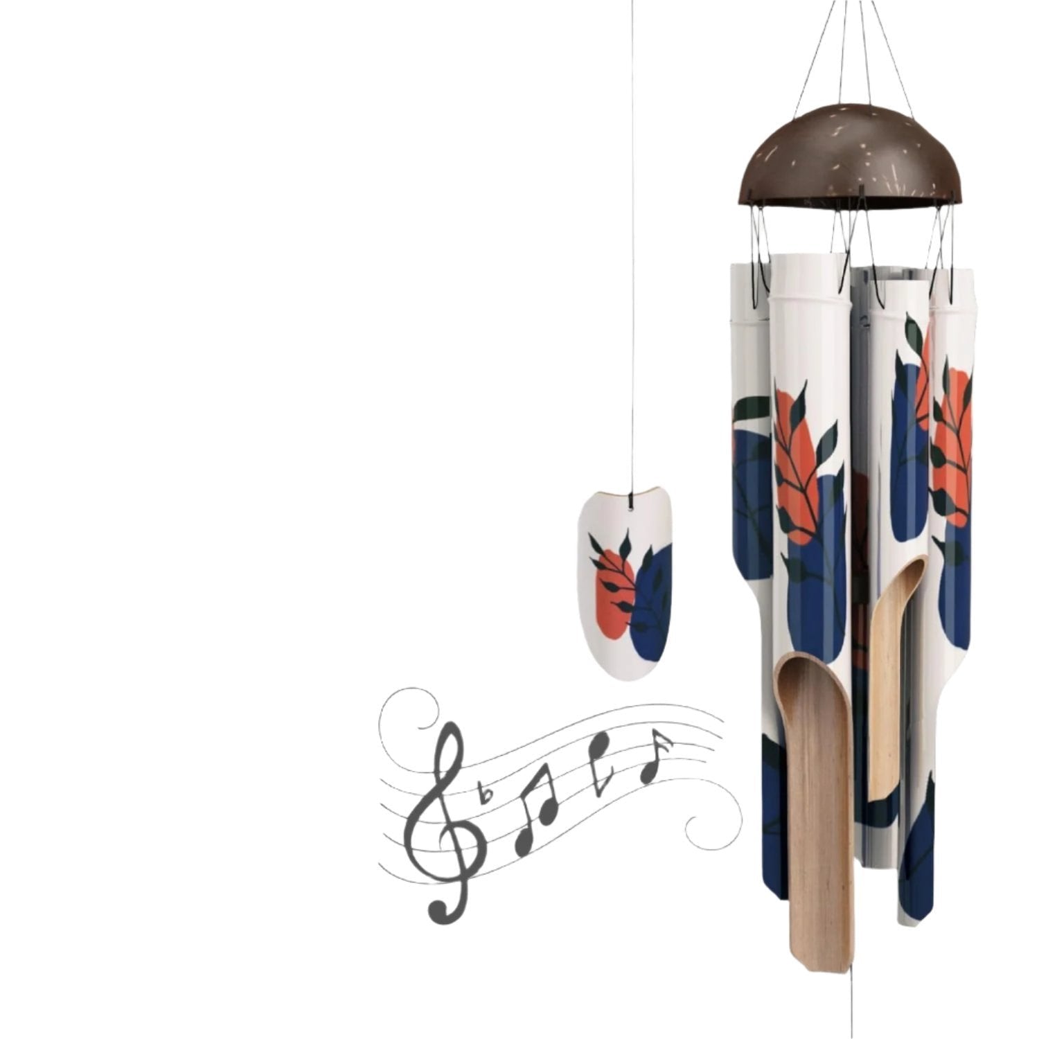 Image of Floral Hand-painted Wind Chimes. The Floral design is an abstract design with blue, navy, and orange. 