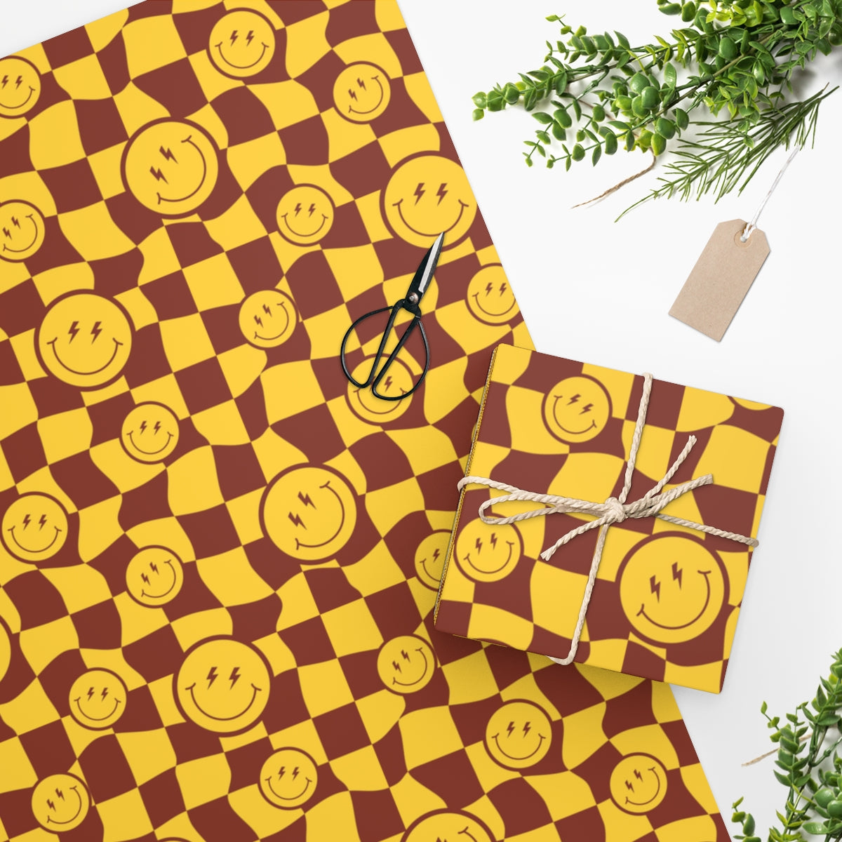 Brown and Yellow Checkered Gift Wrapping Paper with Smiley Faces with Lightning Bolt Eyes.