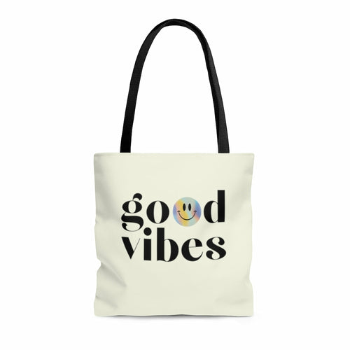 Good Vibes Every Day Tote Bag with Black Cotton Handle, the text is also in black with a smiley face filling the space of the second "o" in Good. Available at KangyCo.com.