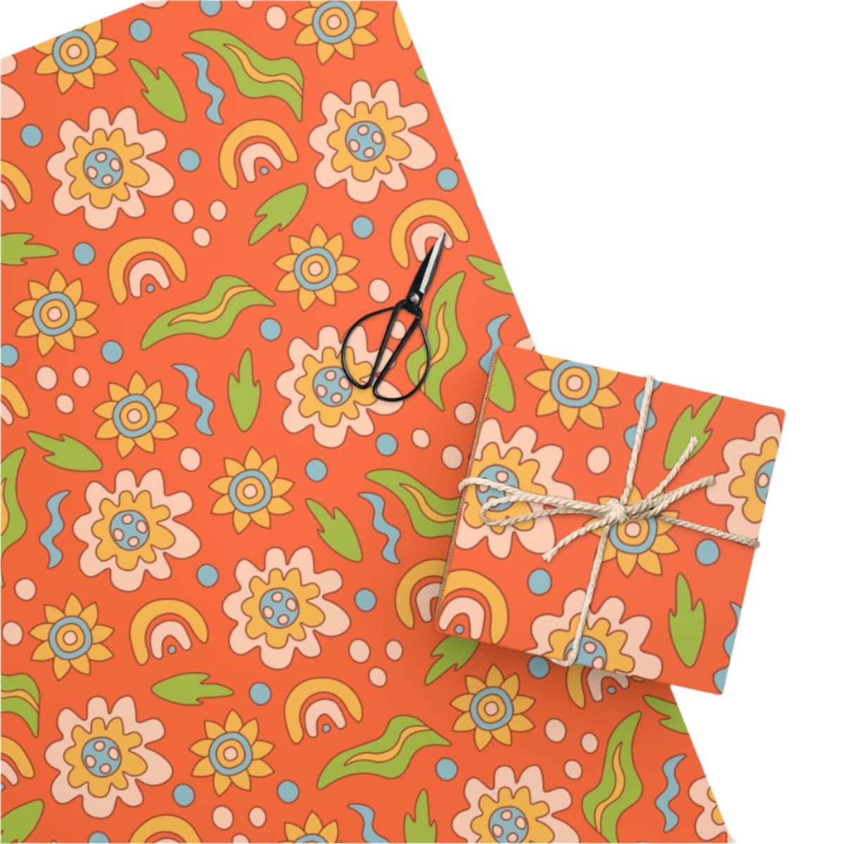 A groovy orange gift wrapping paper with floral, rainbow, and abstract line work illustrations.