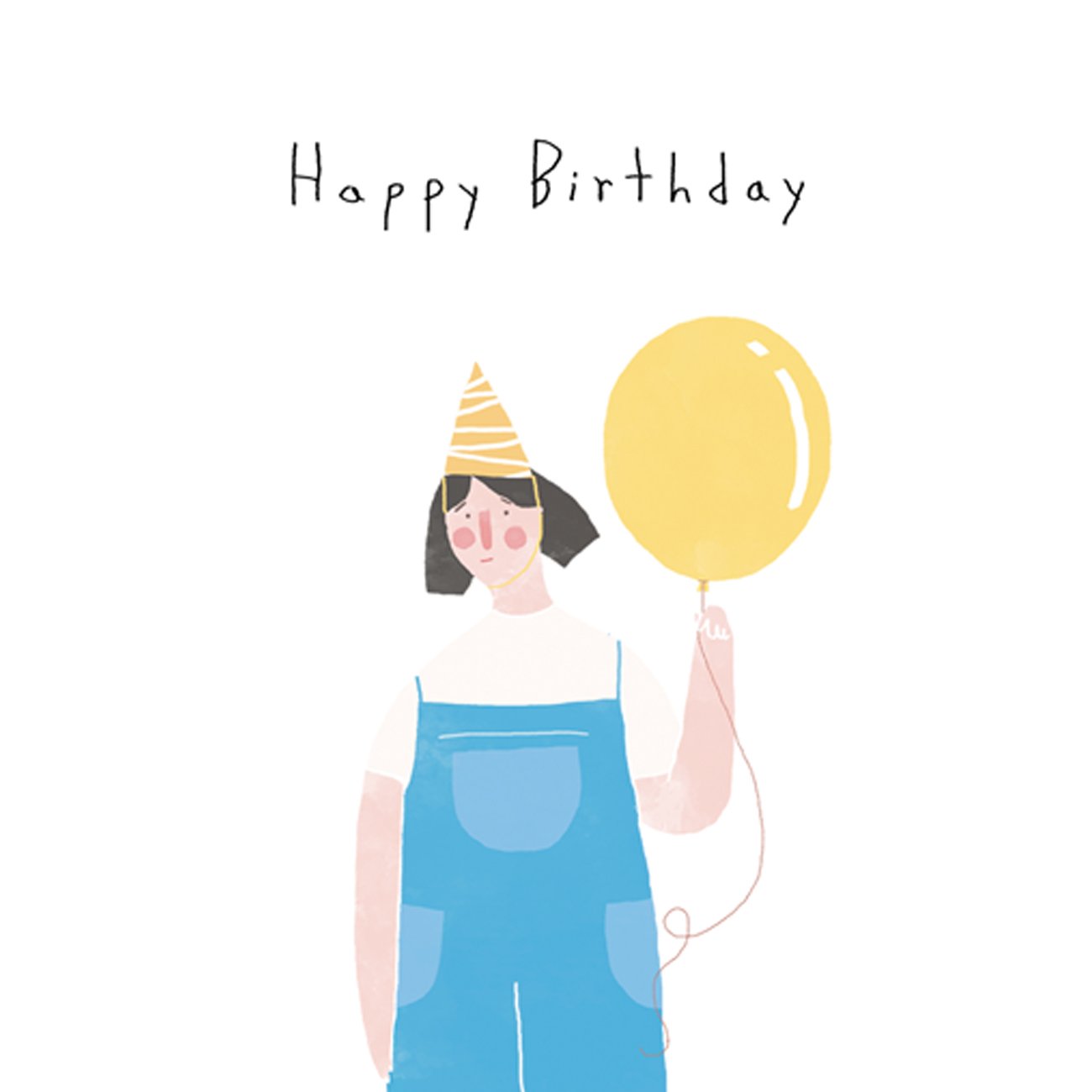 A zoomed in look at the "Happy Birthday" with a female wearing a yellow party hat, overalls, and a yellow balloon.