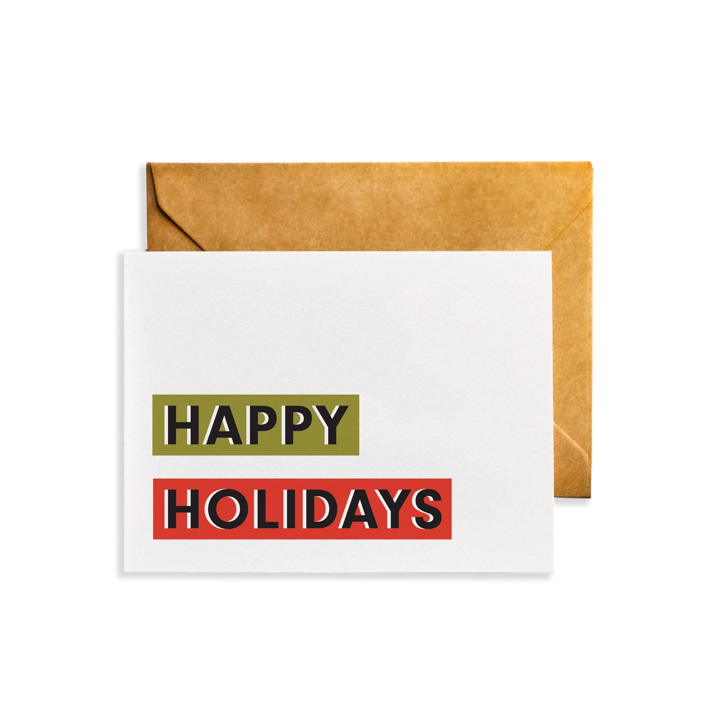 The front of a blank greeting card. Shows "Happy Holidays" text on the front. The "Happy" is highlighted in an olive green color. The "Holidays" is highlighted in a red color.