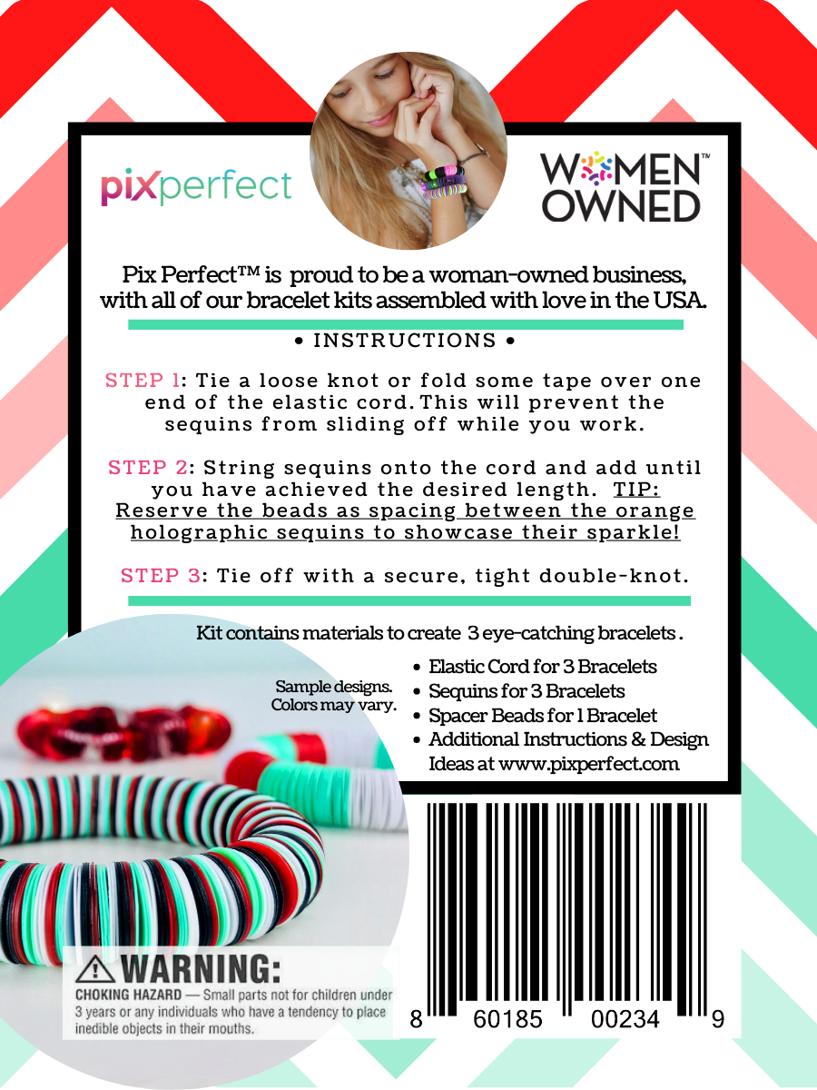 The back of the package has information about PixPerfect and the D.I.Y. Bracelet Kit Instructions.