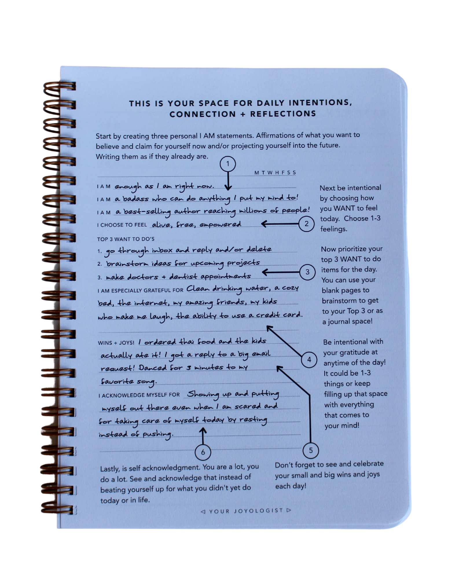 A look at the interior of the Daily Intentions, Connections, and Reflections journal that has prompts to help you how to use the journal.