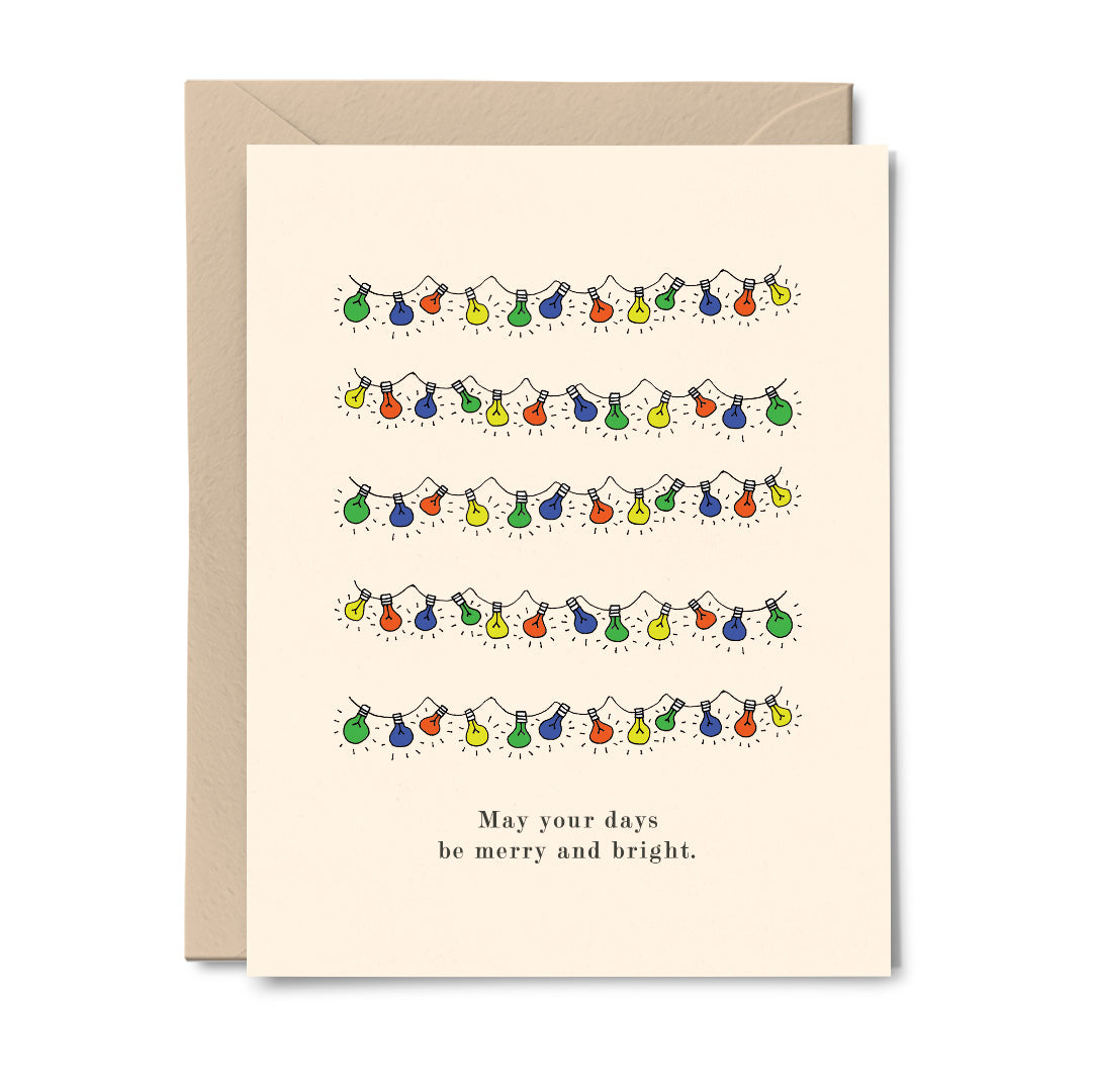 Single card with holiday string lights across 5 rows and the text at the bottom that reads: "May your days be merry and bright". Holiday Greeting Card 2024.