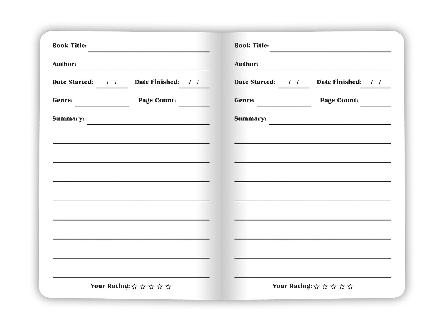 Inside of The Book Club Log Book entry page: Book Title, Author, Date Started, Date Finished, Genre, Page Count, Summary, Star Rating. 