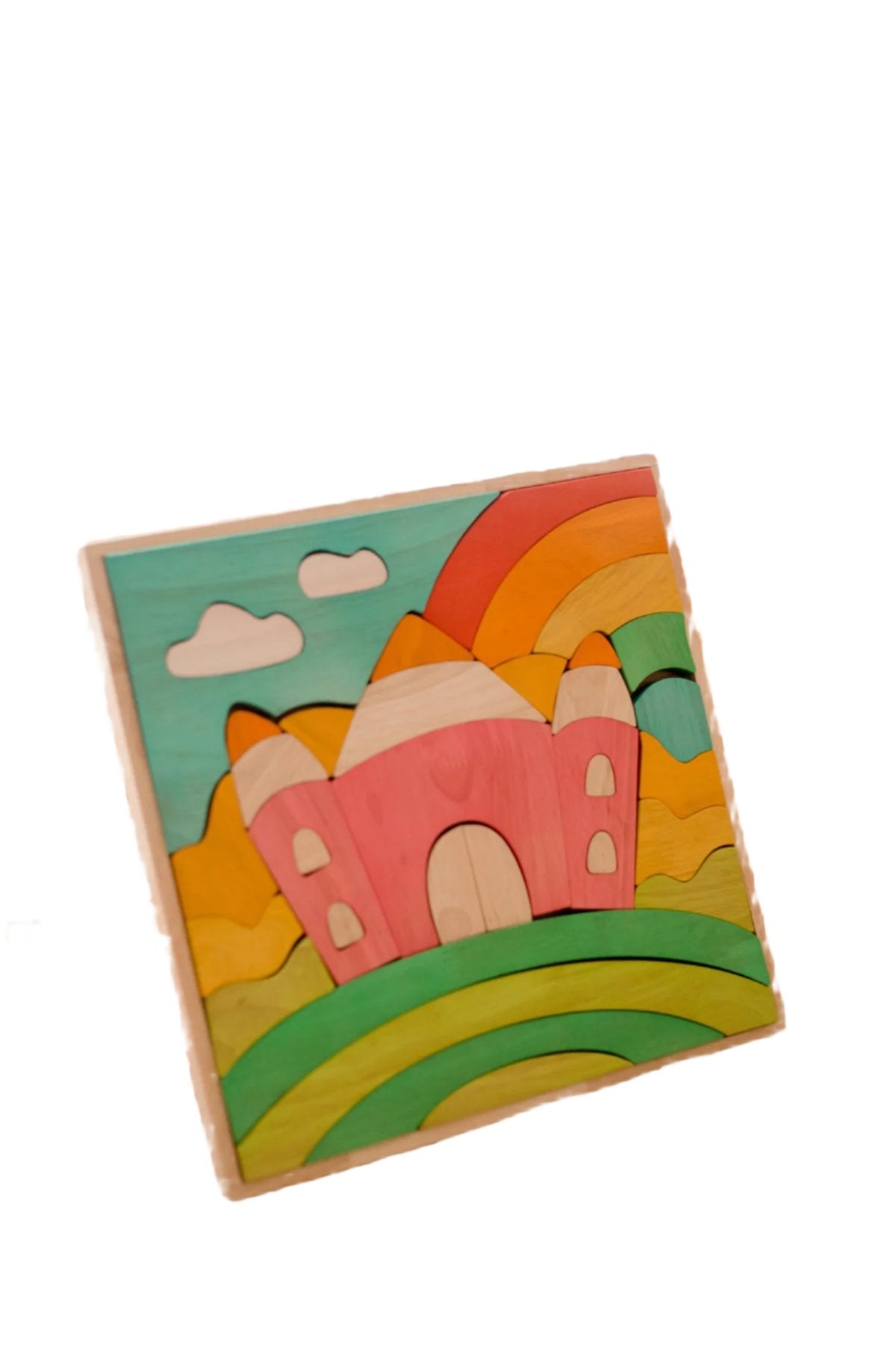 A colorful wooden puzzle of a castle placed against other wooden neutral objects. 