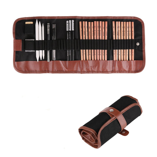 A sketching Pencil set that includes a roll storage bag with brown pipping and black canvas. The supplies included are 18pcs Sketch Pencil set (HB/1pcs, B/1pcs, 2H/2pcs, 2B/4pcs, 3B/2pcs, 4B/4pcs, 5B/1pc, 6B/1pc, 7B/1pc, 8B/1pc), 3 Charcoal Pencil(Soft, Neutral, Hard), 4B Erase/1pcs, Kneadable erase/1pcs, Craft Knife/1pcs, Pencil Extender/1pcs, Pencil Bag/1pcs.