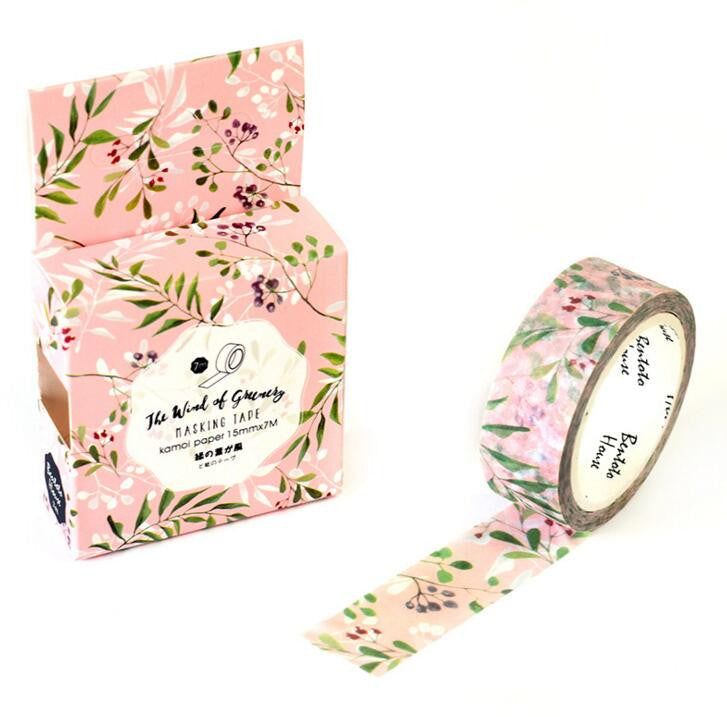 Pink Floral Washi Tape: Beautiful greenery on a rose pink background available on KangyCo.