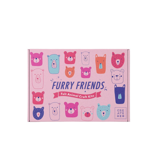 This is the Furry Friends Felt Animal Crafts kits. The box is pink with a variety of furry friends illustrated on the box. Part of the CreateHer Collection.