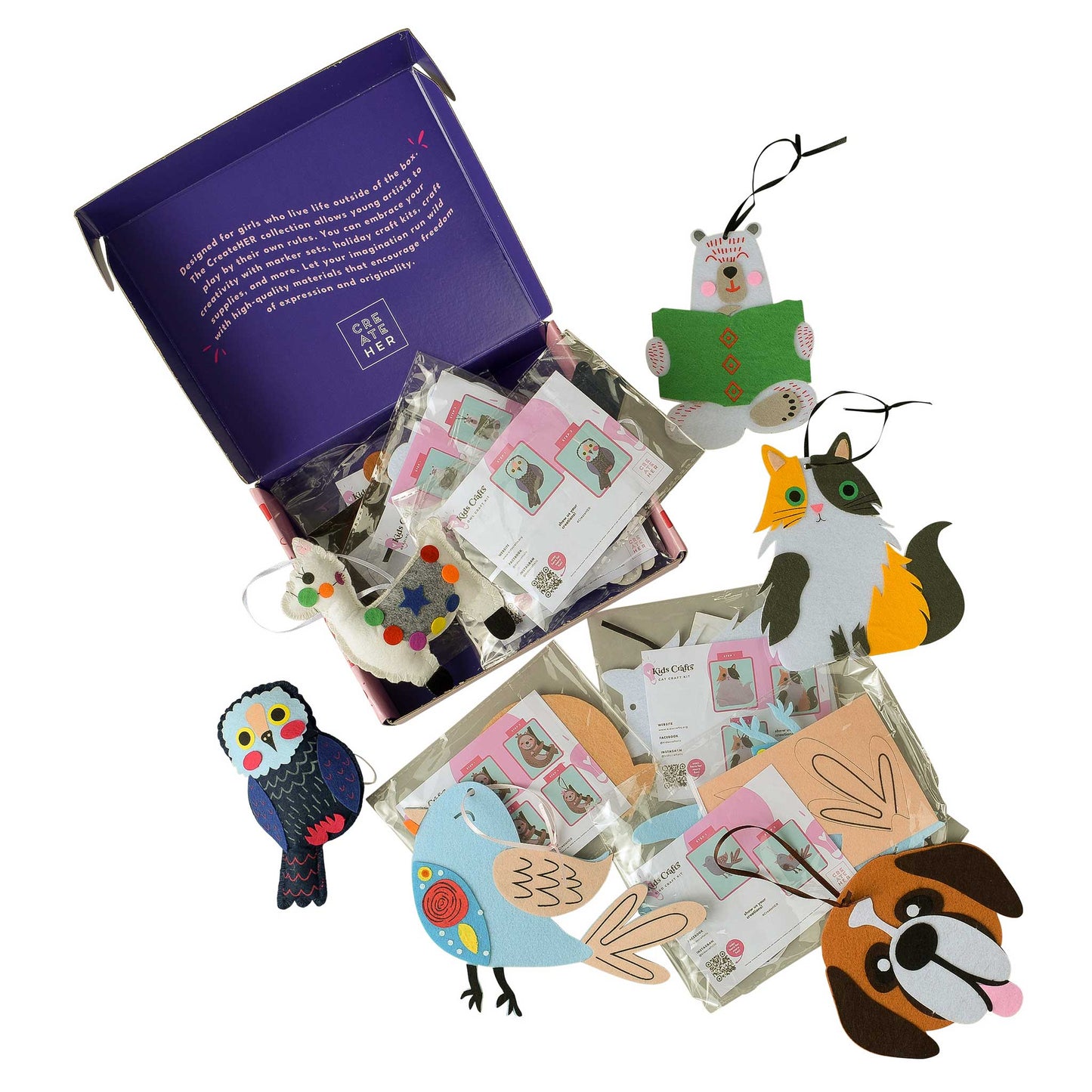 A look of all the wonderful supplies that come inside the Furry Friends Felt Craft Kit with the finished products like an owl, a bird, a dog, a cat, and a bear reading a book.