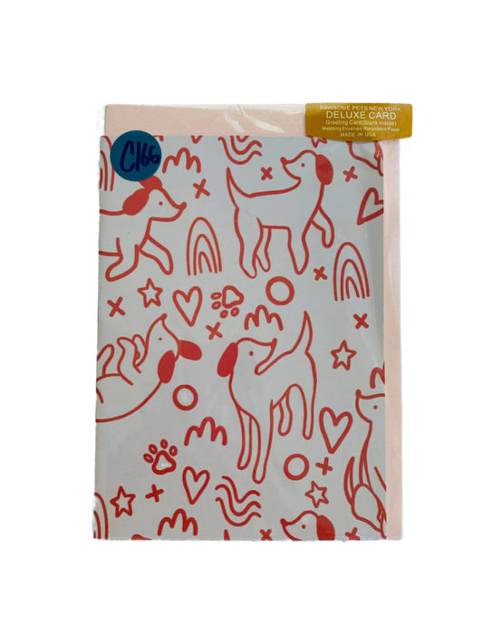 The pet greeting card is lined in red ink, there's illustrations of dogs, hearts, rainbows, paw prints, and more fun illustration design.