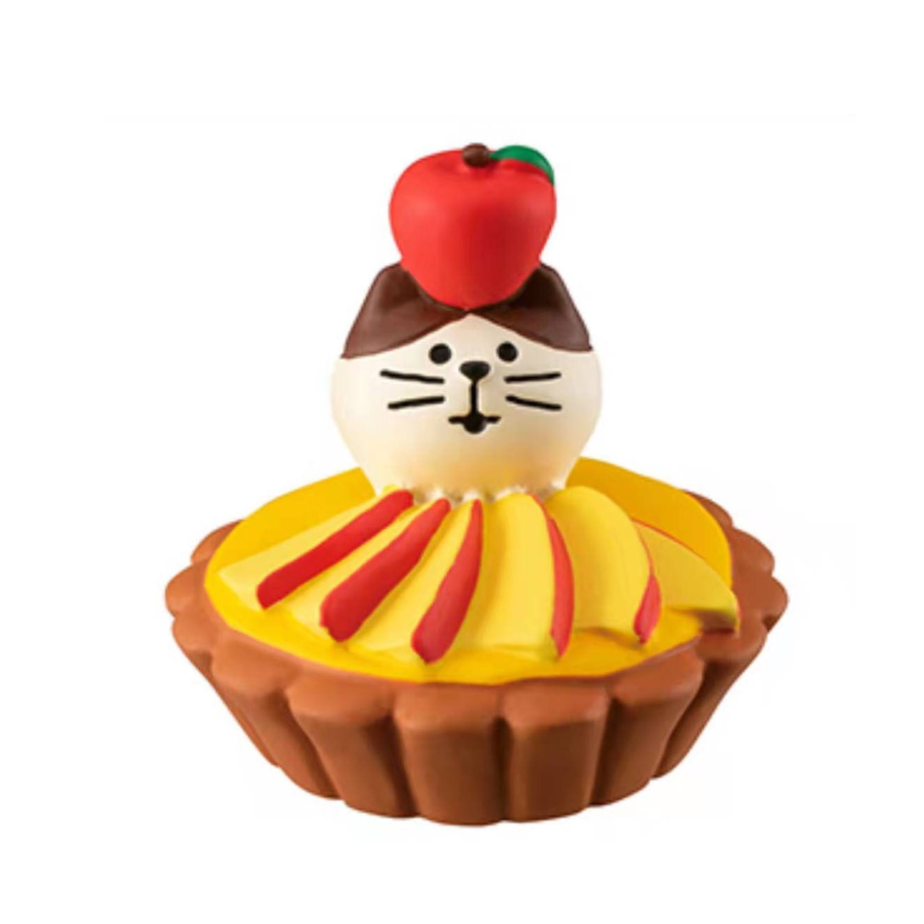 A Pawsome figurine #258 of a cat in a apple tart with a small apple on the top of the cat's head.