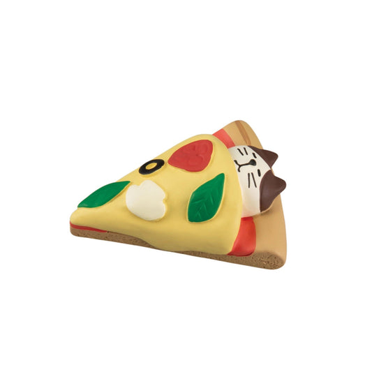 Pawsome figurine #190 of a cat sleeping on pizza slice using the cheese and toppings as a blanket.