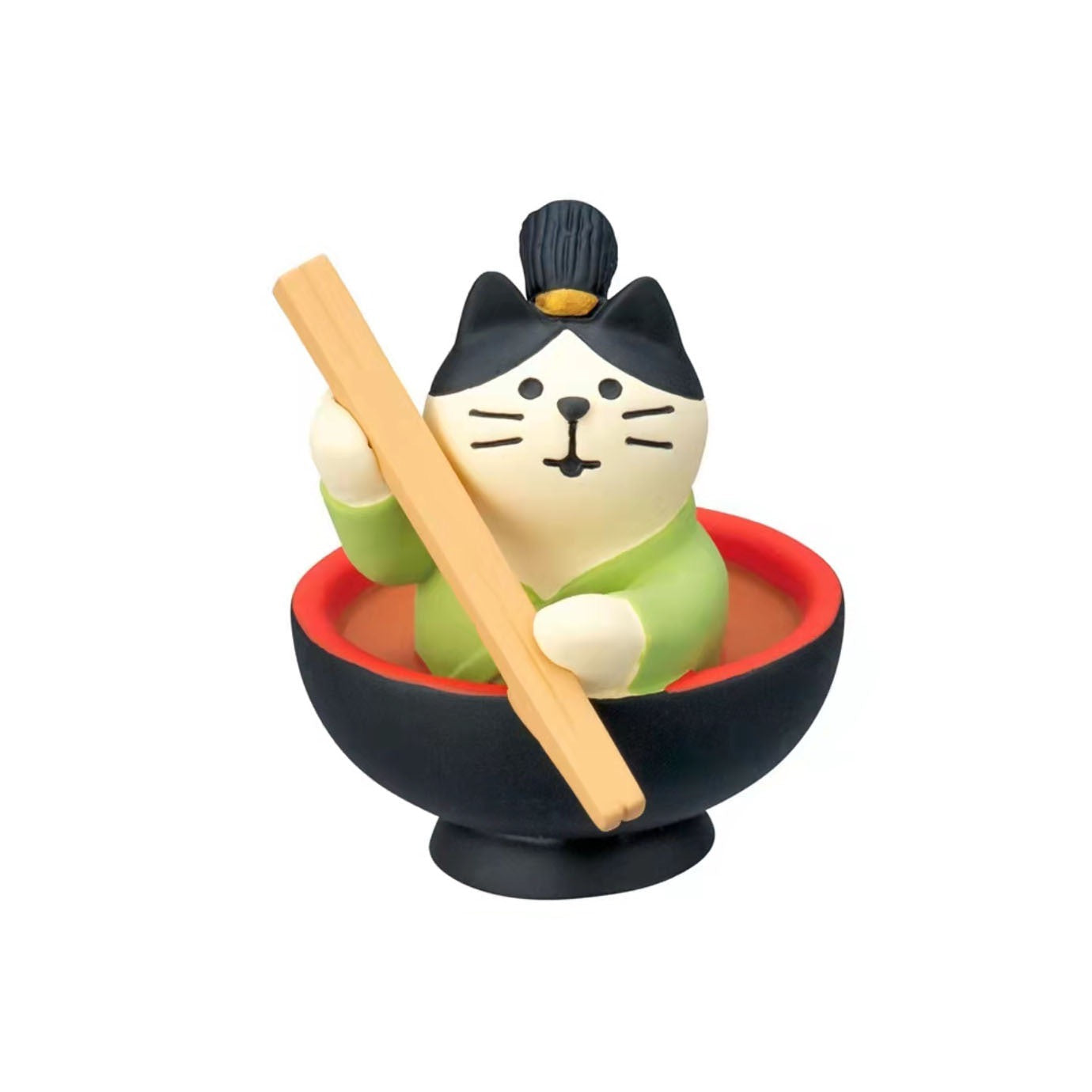 Pawsome figurine #194 of a cat wearing a lime green kimono in a bowl of soup, holding chopsticks.