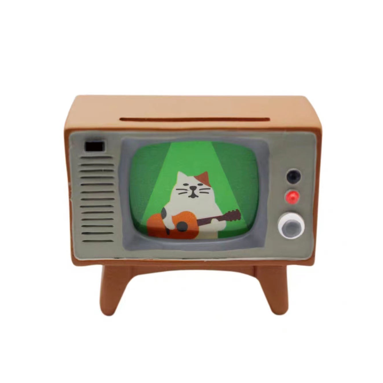 The Pawsome figurine #206 of Pawsome cat with a guitar playing on a TV screen.