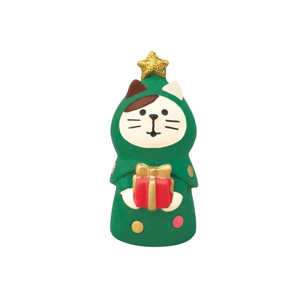 The Pawsome Figurines #289 of cat wearing a holiday tree costume holding a gift.