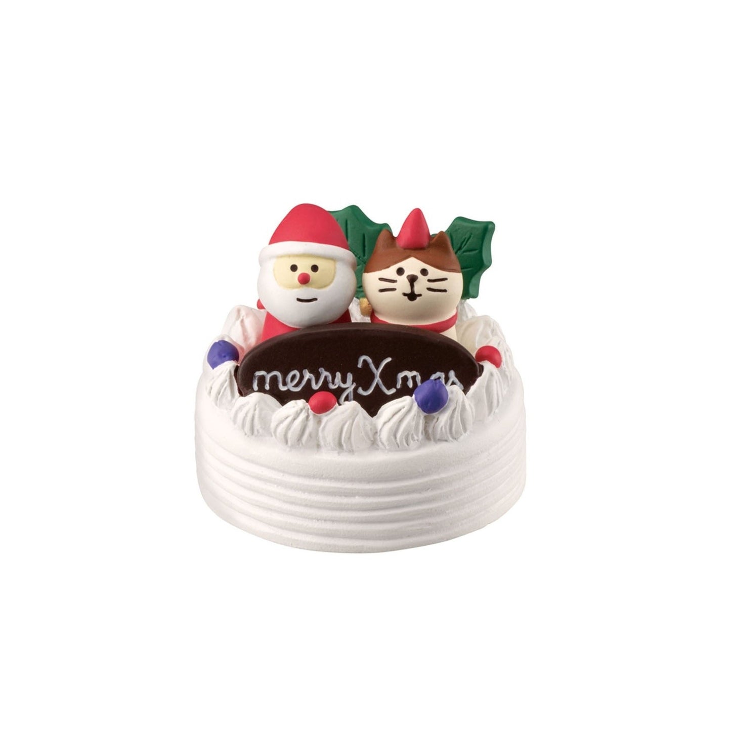 Pawsome figurine #197 of a Santa and the adorable Pawsome cat on a holiday cake frosted in white, holding a chocolate tablet with the text "merry Xmas".