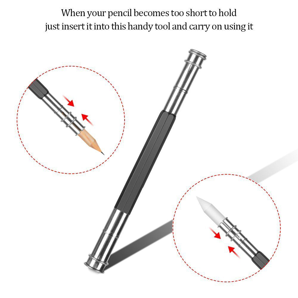 Image of the pencil extender with the text "When your pencil becomes too short to hold just insert it into this handy tool and carry on using it". The set brings one pencil extender.