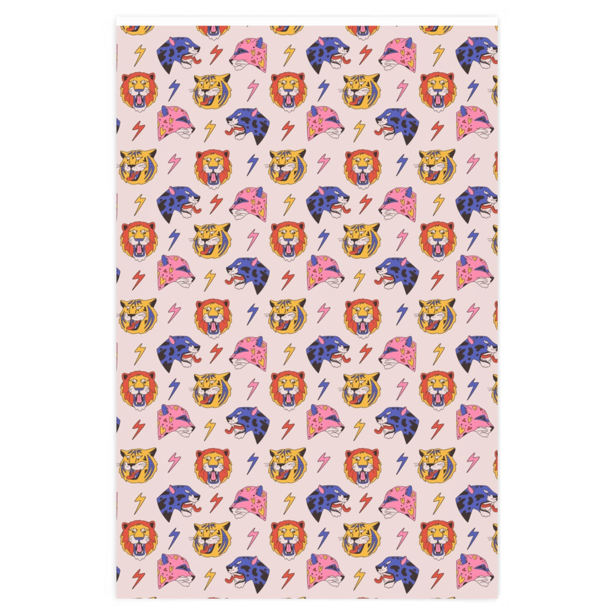 The Roaring Animal Gift Wrapping paper sized 24 x 36, it's a blush background with the roaring lion, cheetah, panther, and tiger.