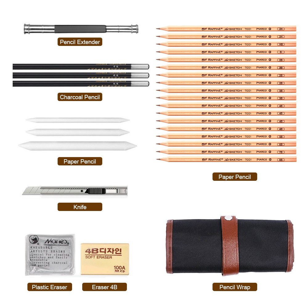 All of the supplies that are included in the Pen Sketching Kit displayed. The supplies include: 18 paper pencils, 3 paper pencils, 3 charcoal pencils, 1 pencil extender, 1 knife, 1 plastic eraser, 1 eraser 4B, and the Pencil Roll Wrap.