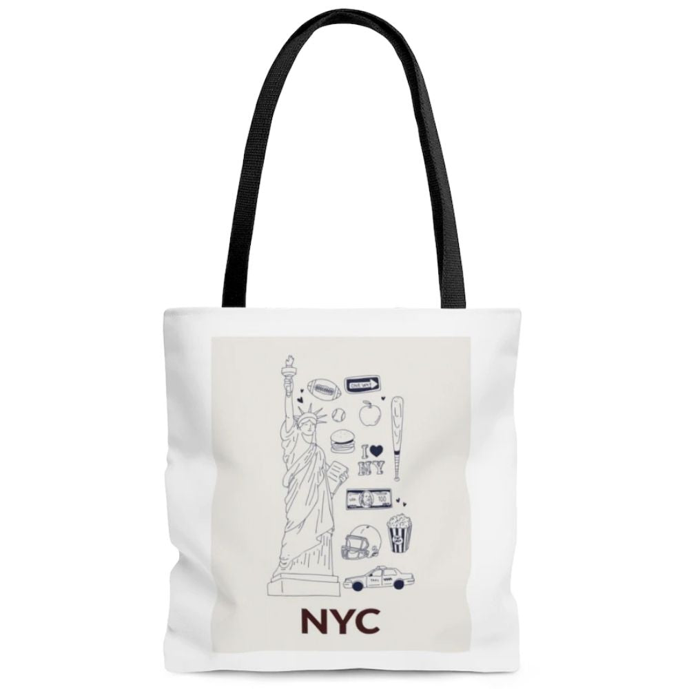 Canvas tote bag with symbols of New York City (Statue of Liberty, taxi cab, football helmet, baseball bag, I heart NYC logo, apple, pop corn, and more available on Kangyco.com.