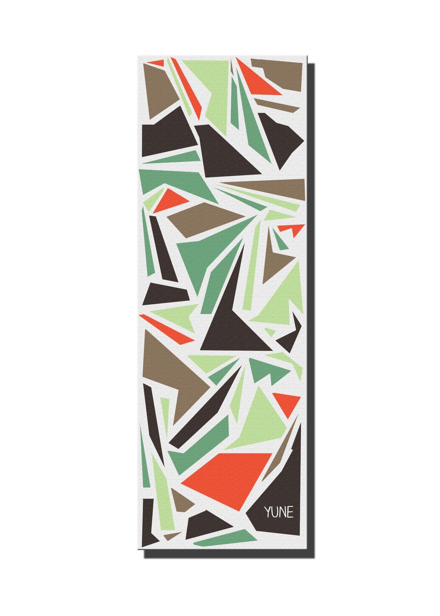 YUNE Yoga Mat Billie 5mm abstract design in Oranges, Green, Light green, olive green, and browns.