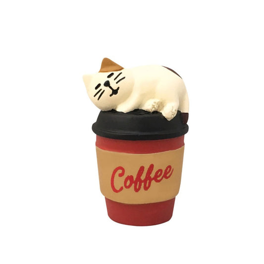 Pawsome figurine 159 of a cat on top of a coffee-to-go cup clay figurine.