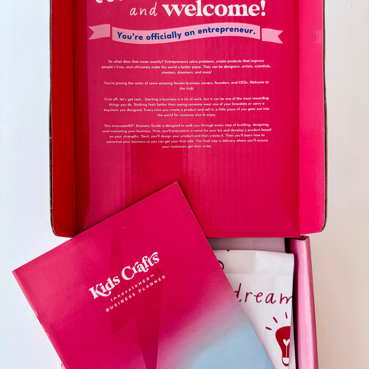 The Kids Crafts box is opened showing the welcome message and supplies. 