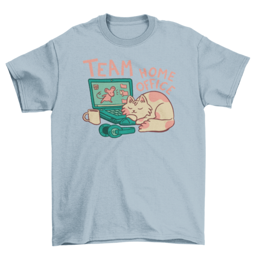 The light blue version of the "Team Home Office" has a laptop, sleeping cat, headphones, and mug.