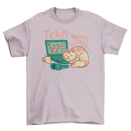 The light pink "Team Home Office" T-shirt. Sleeping cat, headphones, laptop, and mug.