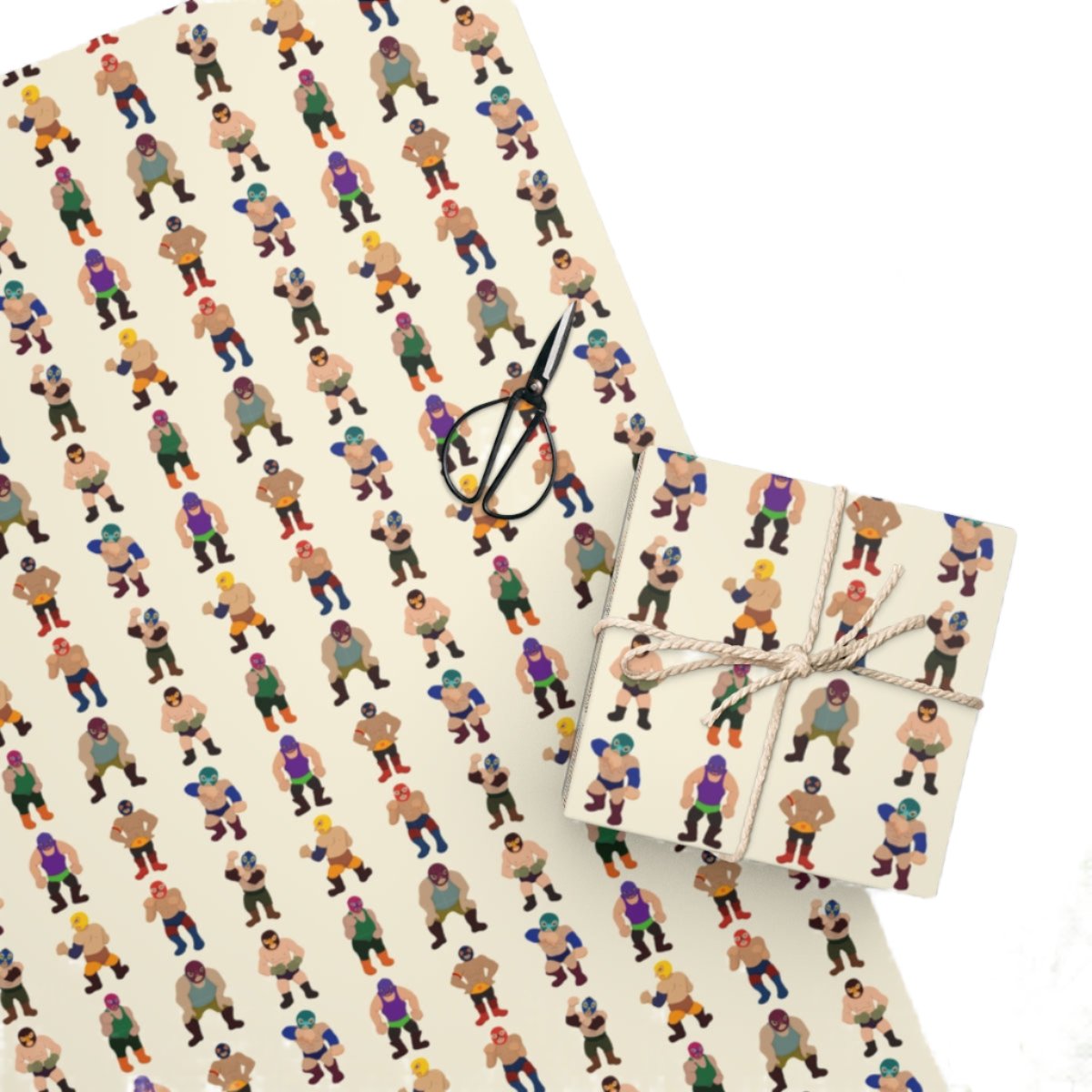 Gift Wrapping Paper of Luchadores Figures lined up across and in color.