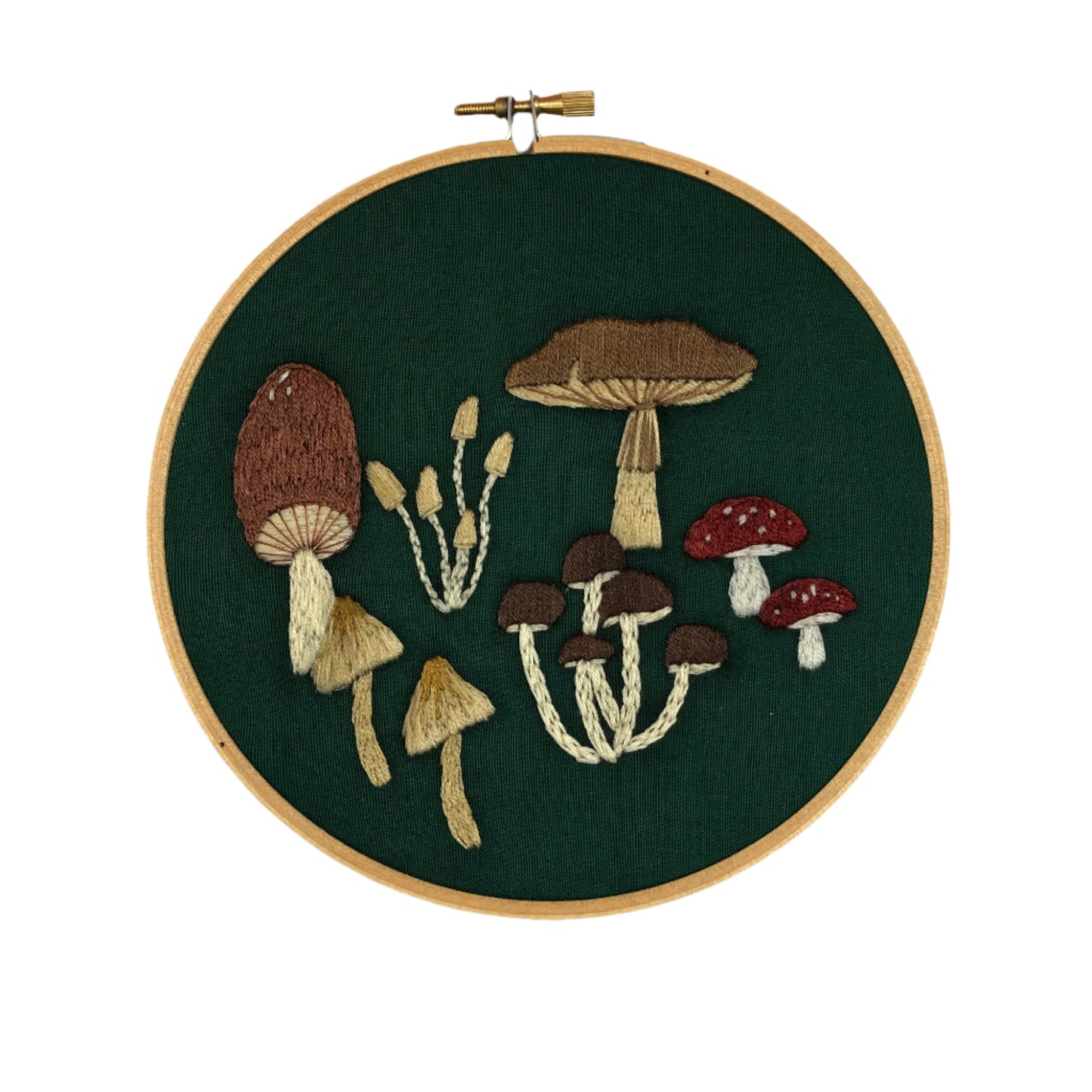 Eight mushrooms embroidered using the Peel, Stick, and Stitch Mushrooms Embroidery DIY Kit.