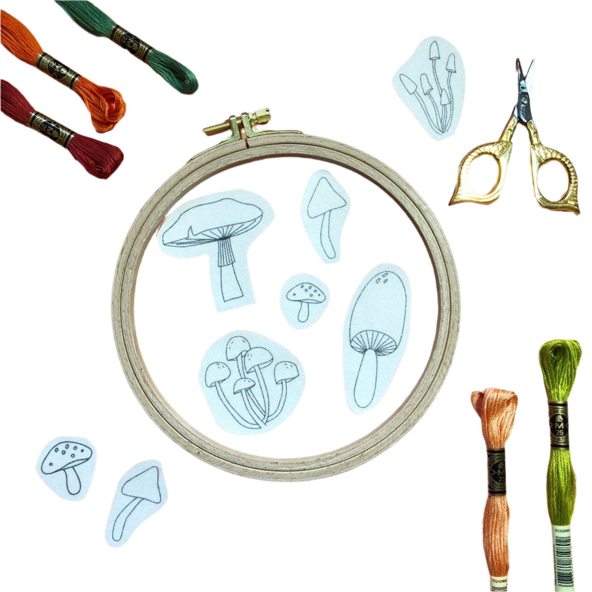 The mushroom patterns from the Peel, Stick, and Stitch Mushroom's DIY Embroidery Kit.