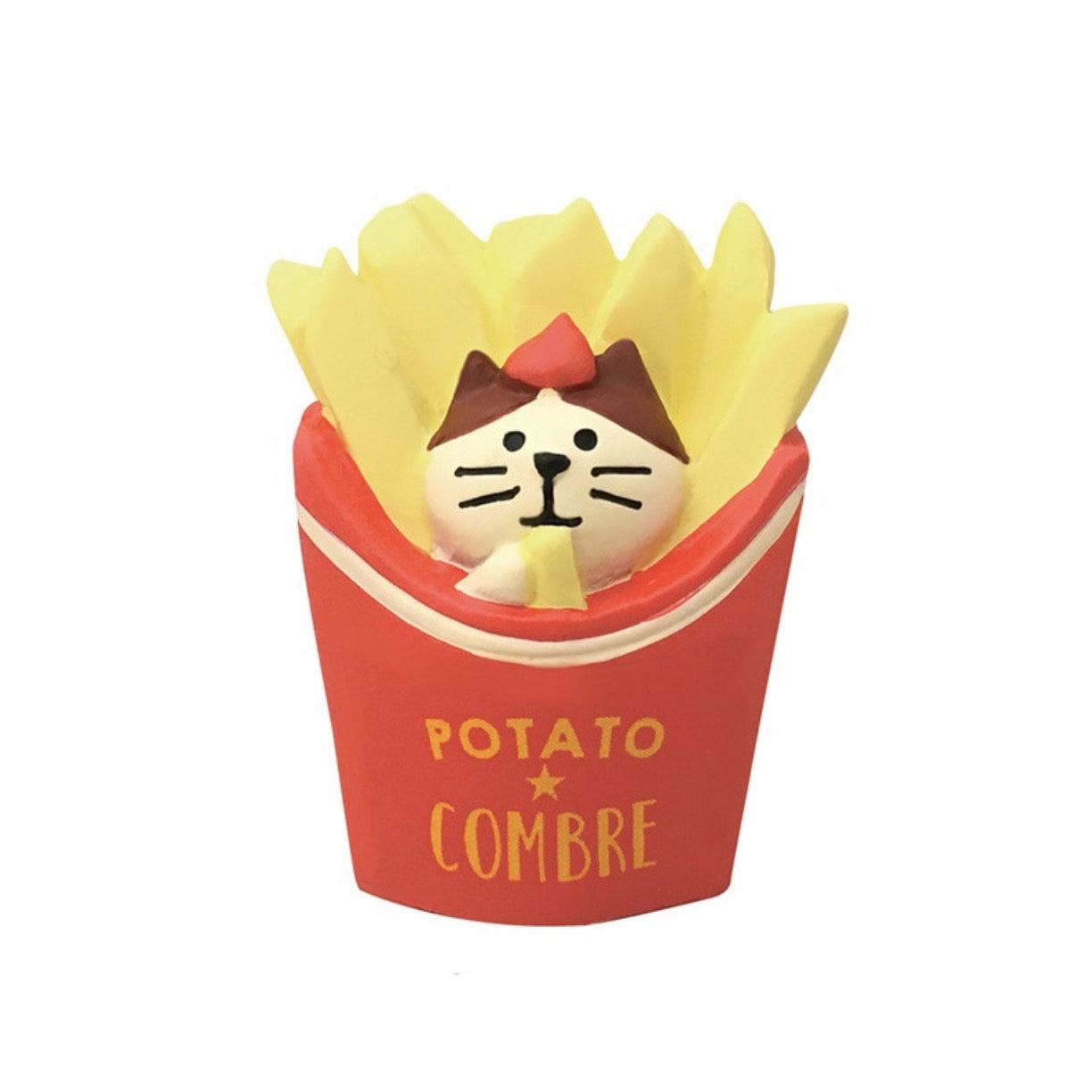 A Pawsome French Fries Cat figurine with a dollop of ketchup eating a french fry. The text reads "Potato Combre".