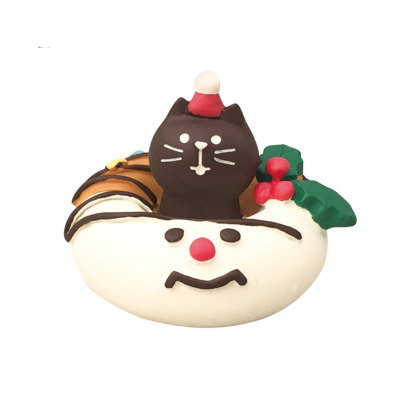 Very festive Pawsome Holiday Doughnut with a chocolate cat in a Santa hat in the donut hole and half white icing with a smiley face, chocolate decoration, with Holly branch detail.